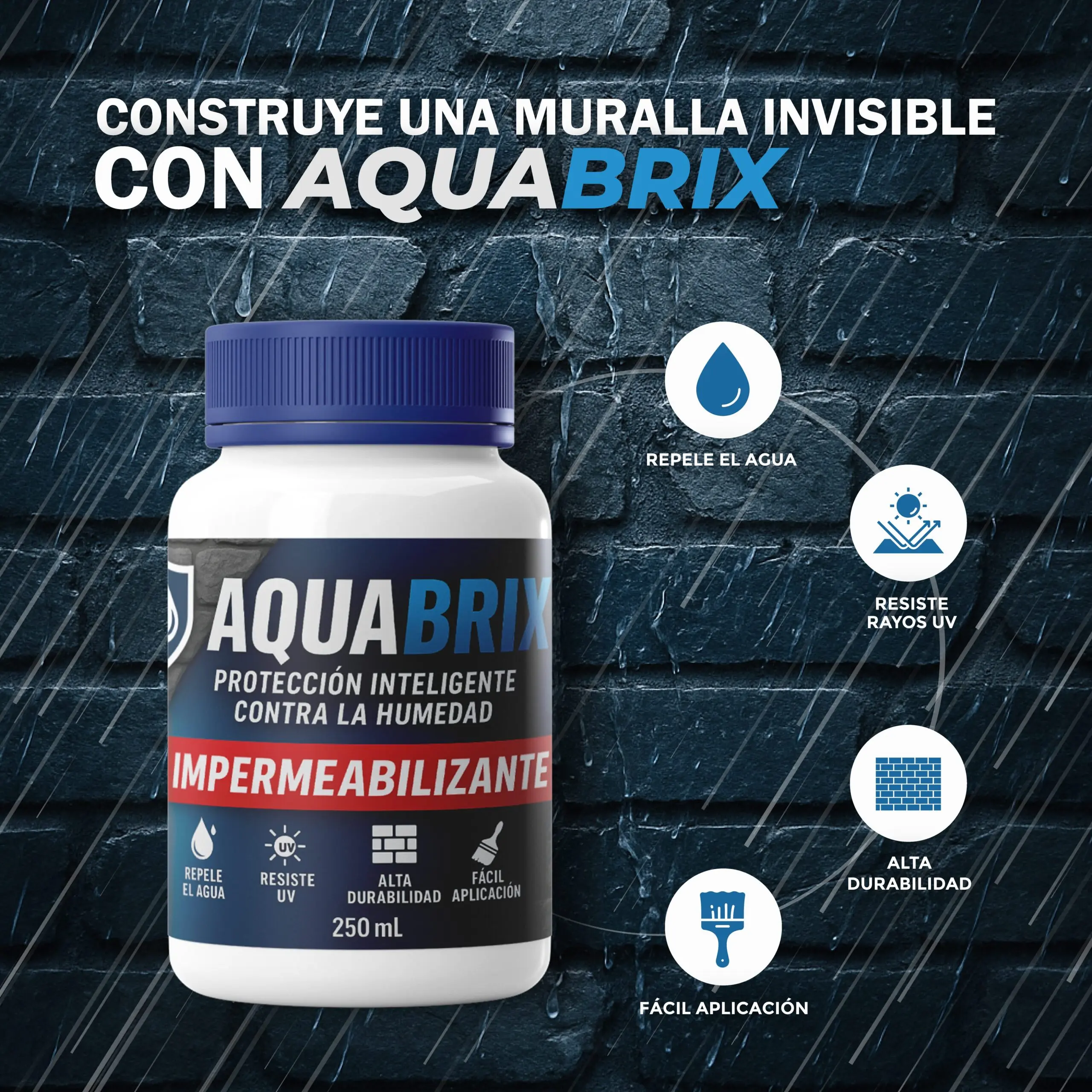 Aqua Brix impermeabilizante en envase blanco con tapa azul, destaca protección contra humedad y rayos UV en ladrillo.