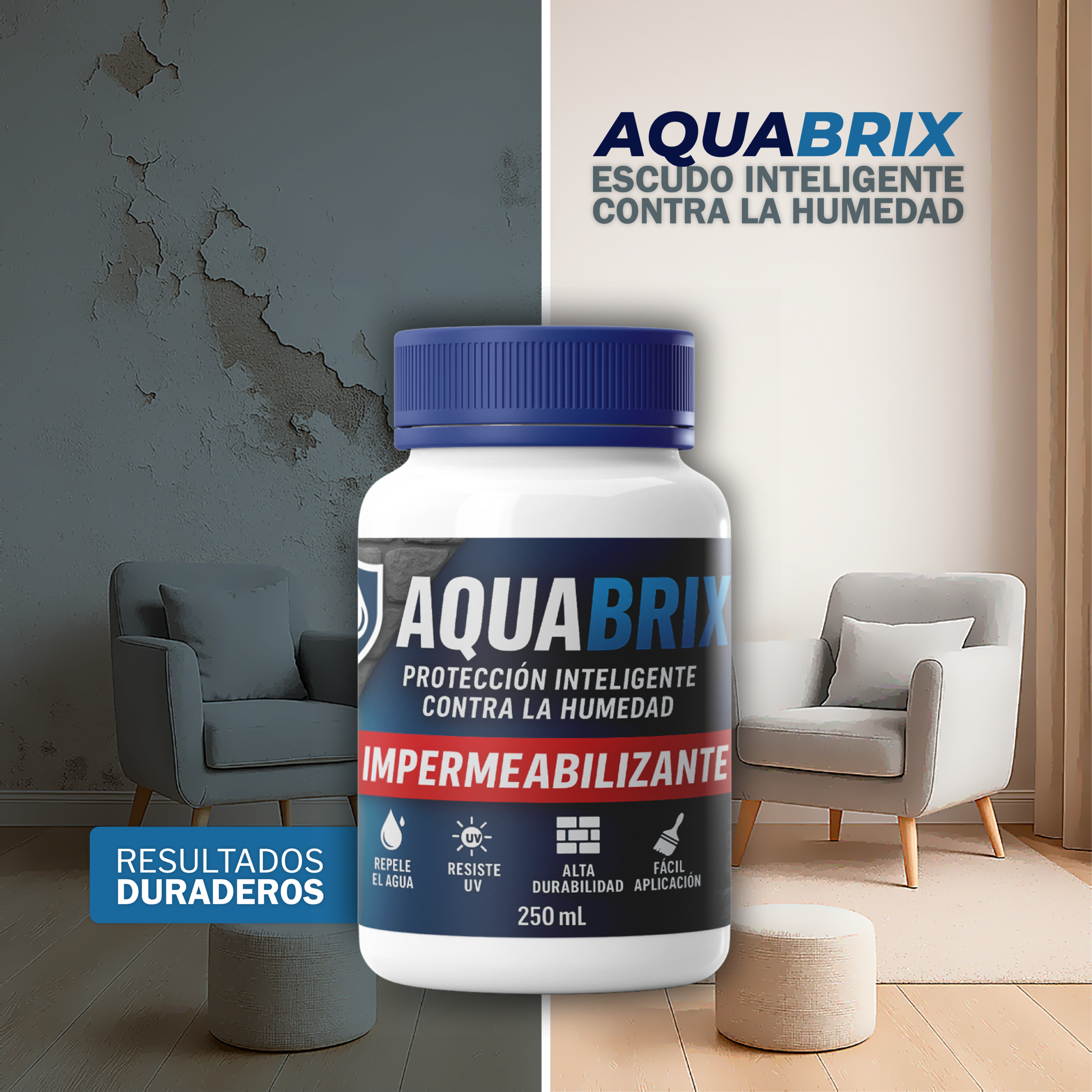 Frasco de impermeabilizante Aqua Brix 250 mL, protección contra humedad en pared con sofá y sillón.