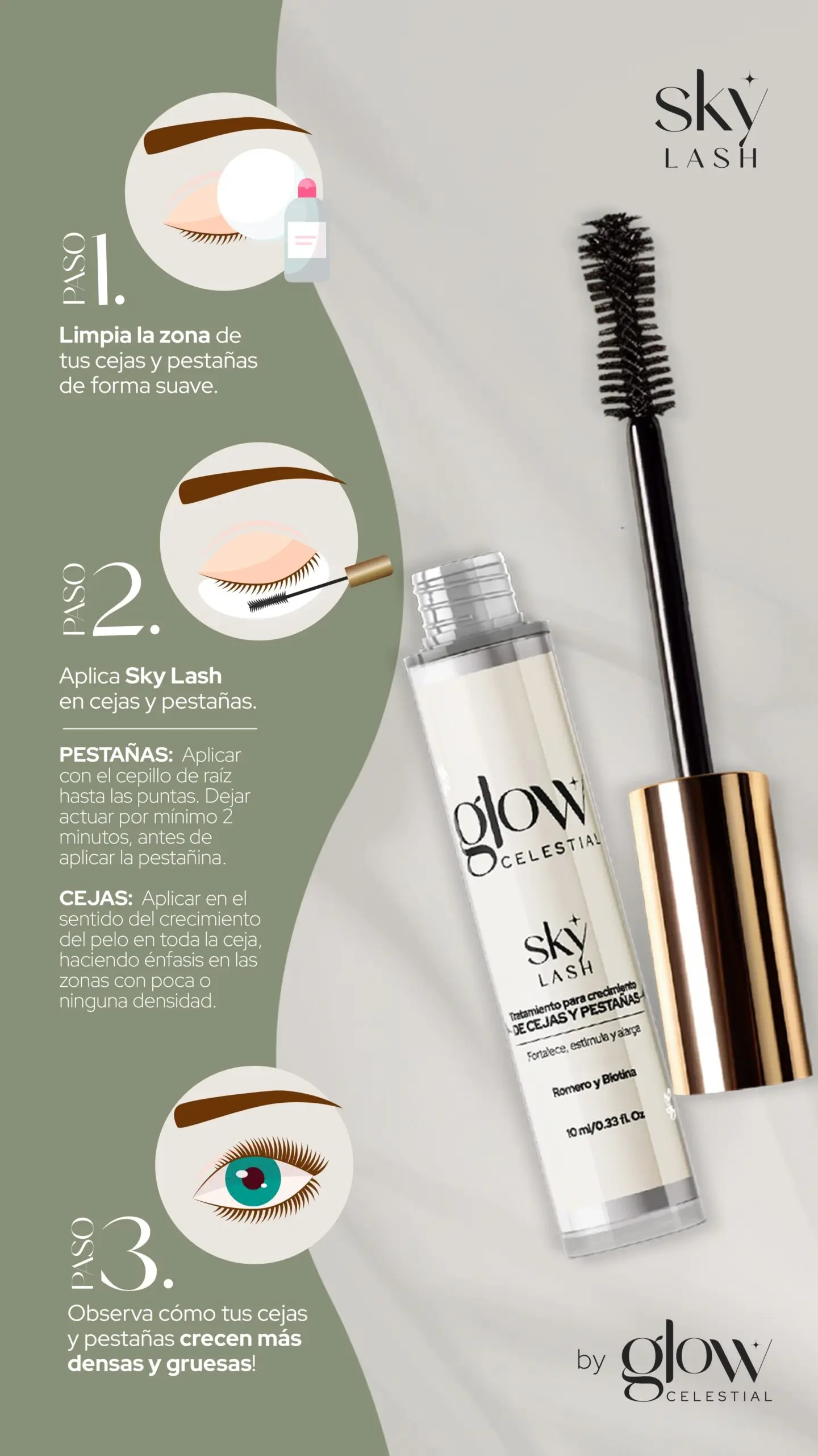 Suero Sky Lash para crecimiento de pestañas y cejas, con aplicador tipo máscara.