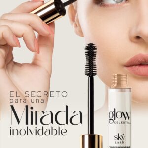 Suero para pestañas y cejas Sky Lash, aplicándose con cepillo. Botella de 10 ml.
