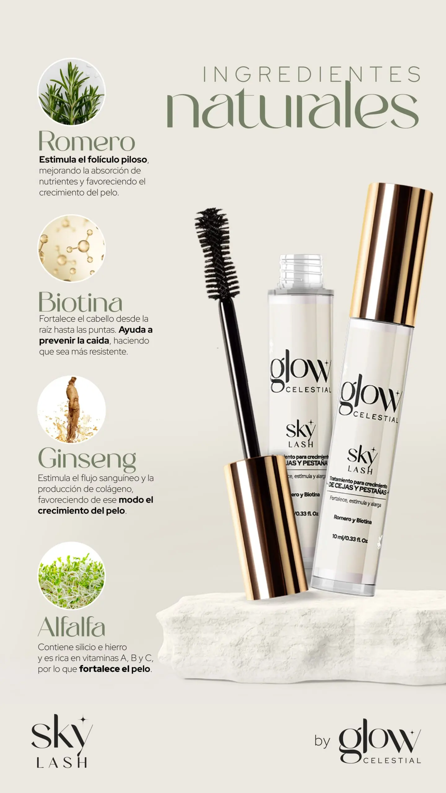 Suero para crecimiento de pestañas y cejas Sky Lash con romero y biotina, en envase dorado y blanco.