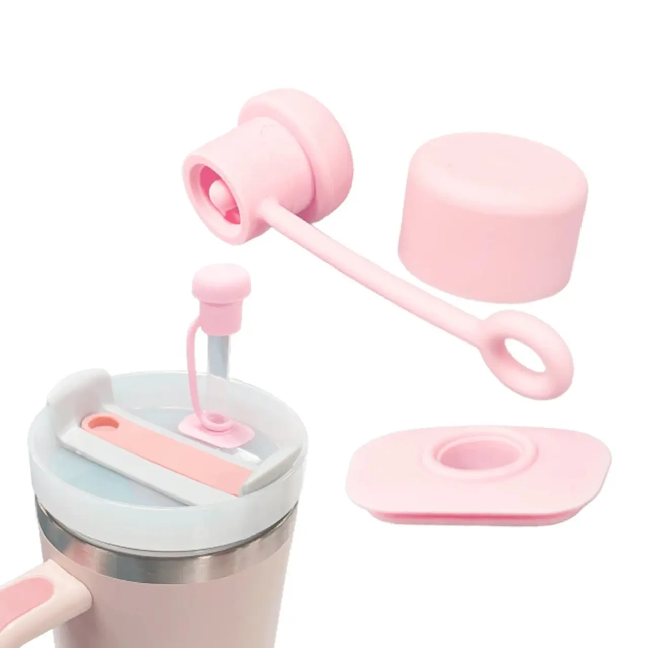 Kit antiderrame rosa para termo Stanley: tapa con sorbete, tapón de repuesto y base.