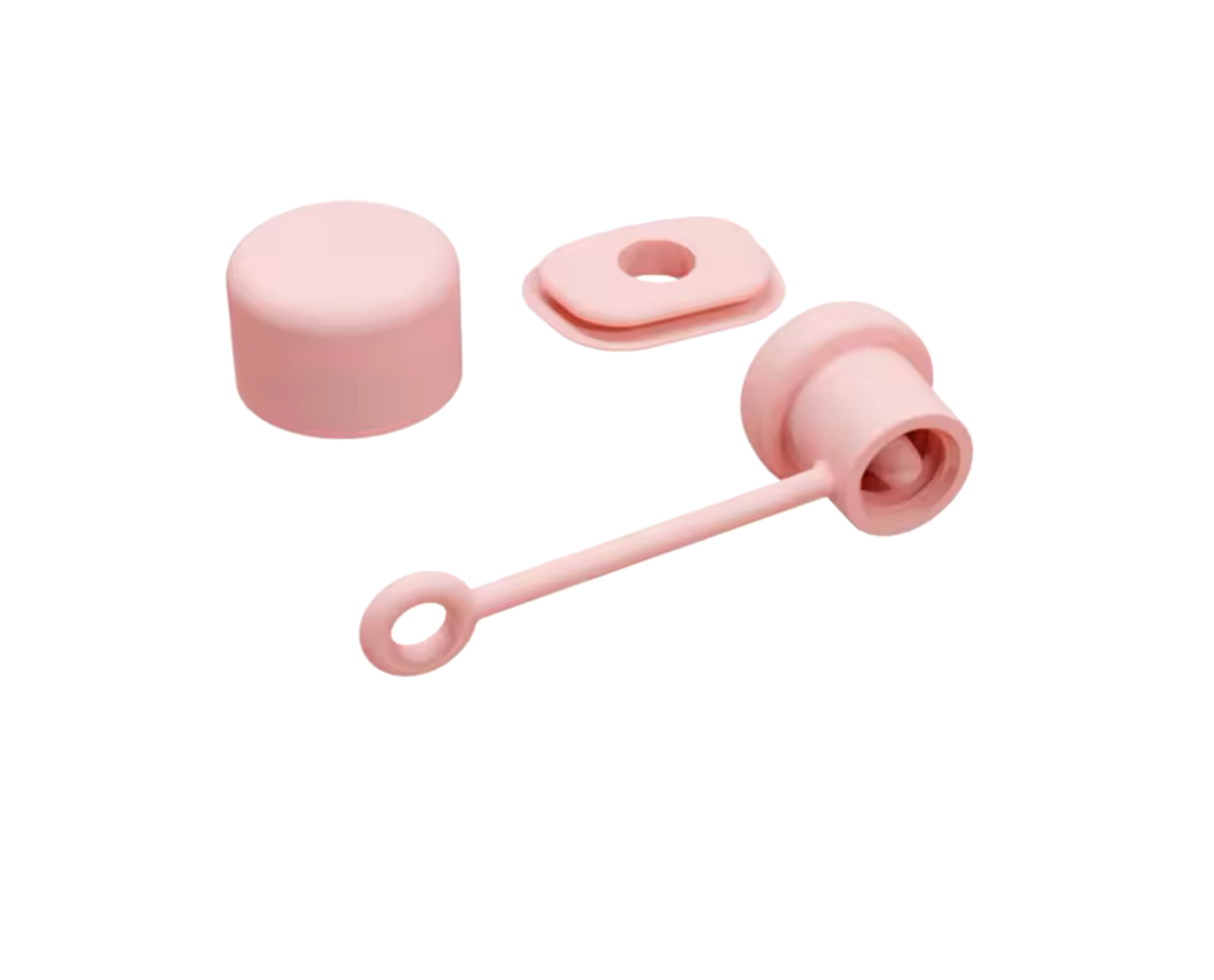 Kit antiderrame Stanley rosado: tapón cilíndrico, sello ovalado y boquilla con asa.