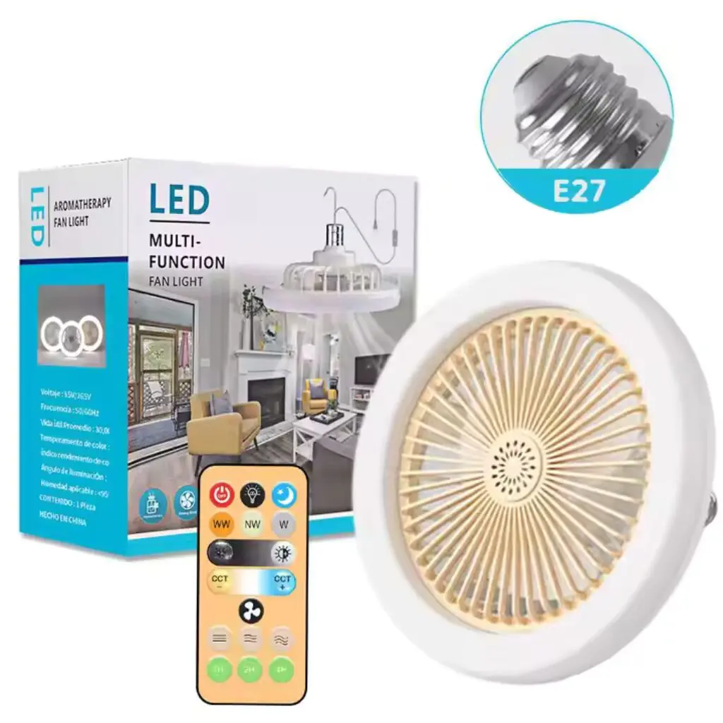 Lámpara ventilador de techo LED multifunción E27 con control remoto y opción aromaterapia.
