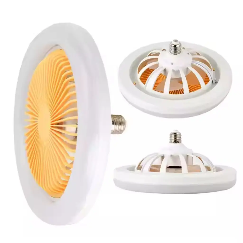 Lámpara ventilador de techo 2 en 1, diseño moderno ovalado blanco con aspas naranjas y base para bombilla.