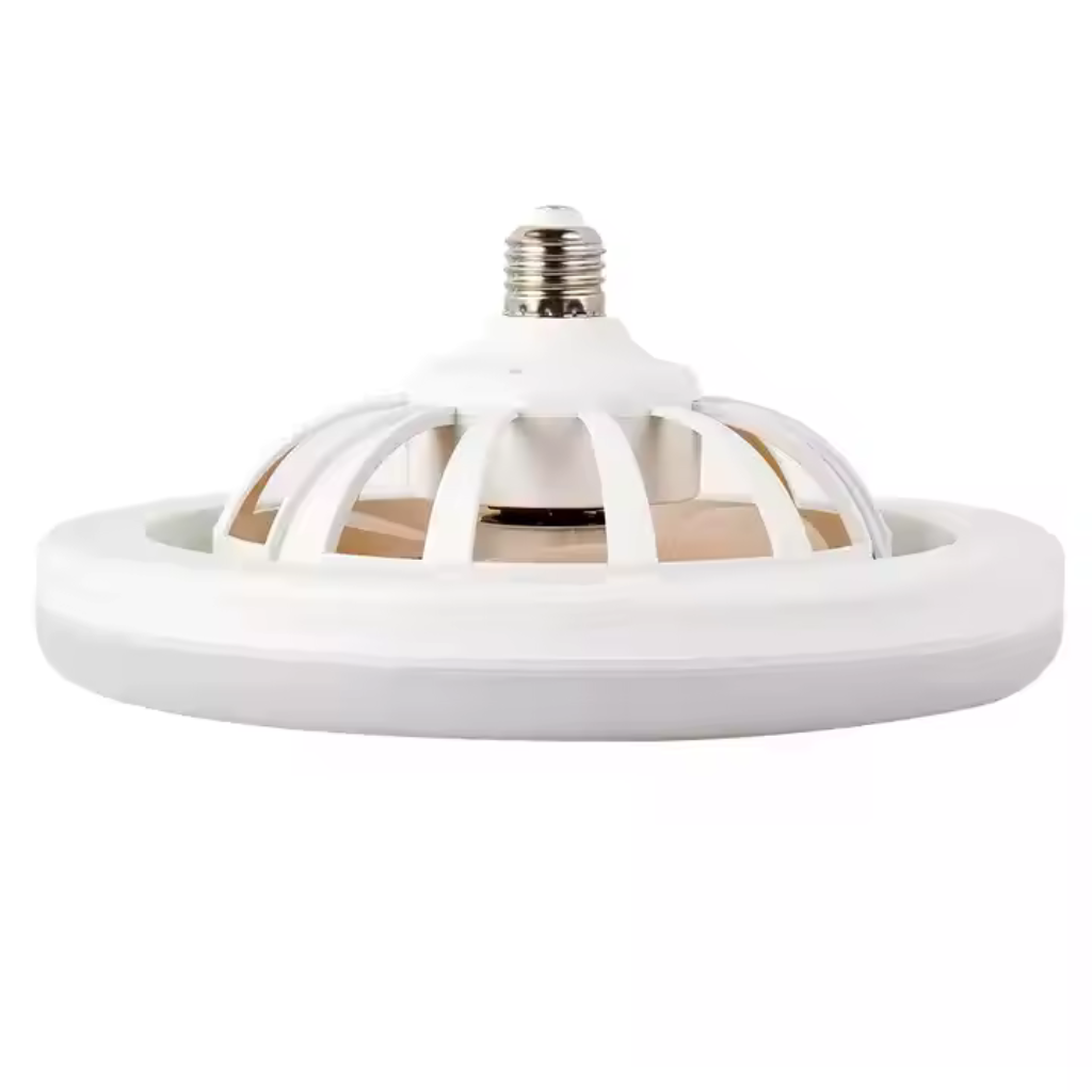 Lámpara ventilador de techo blanca, diseño moderno, 2 en 1, con base circular y estructura superior abierta.