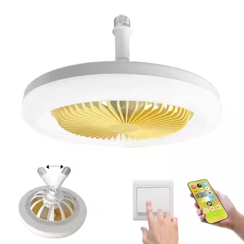 Lámpara ventilador de techo circular blanca con aspas amarillas, control remoto e interruptor.