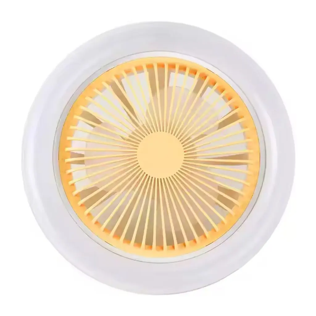 Lámpara ventilador de techo con aspas amarillas y luz blanca circular.