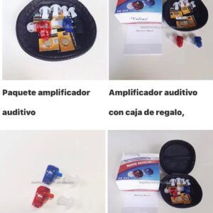 Amplificador auditivo en estuche negro con amplificadores rojos y azules, baterías y manual.