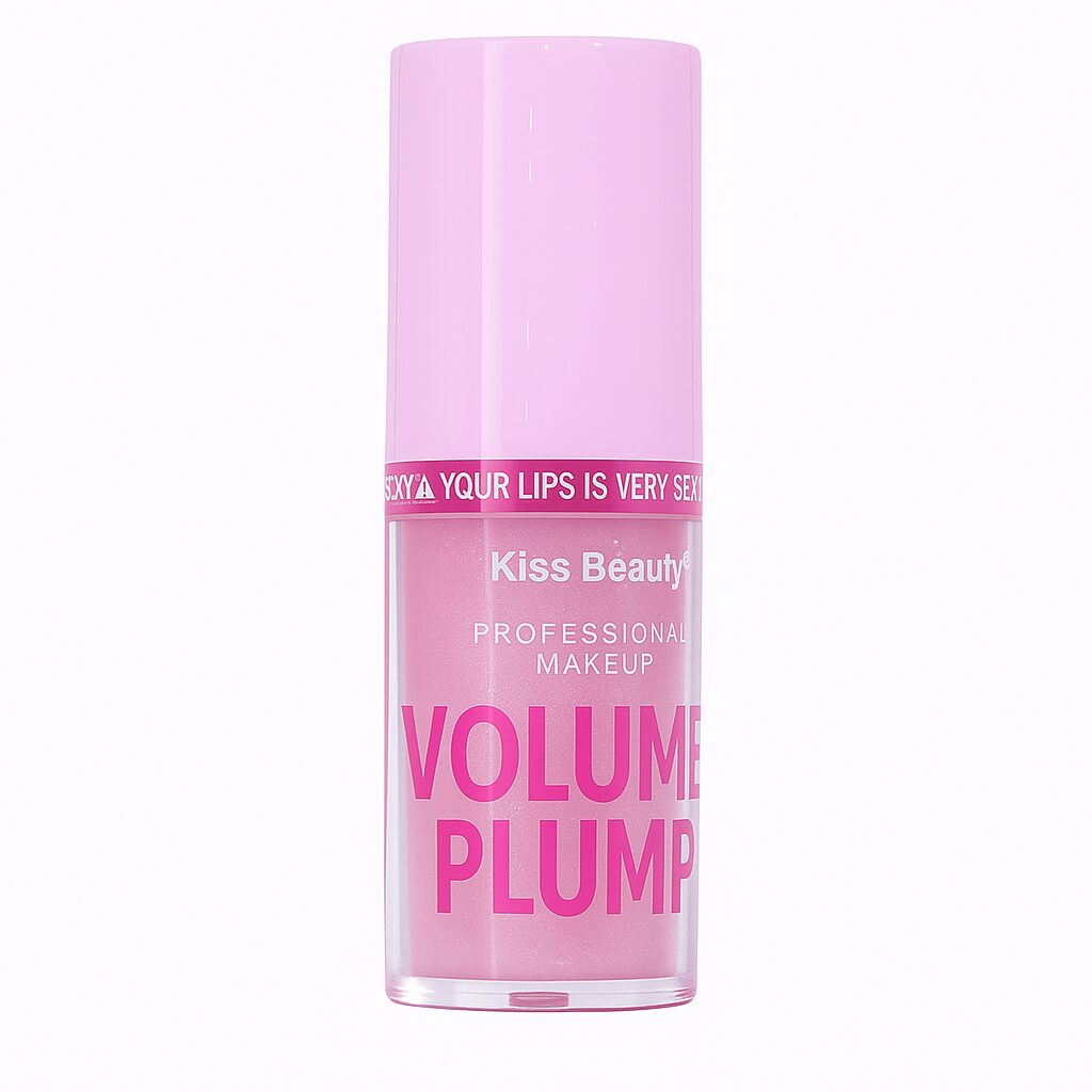 Voluminizador de labios Kiss Beauty rosa, con tapa rosa, texto "Kiss Beauty" y "Volume Plump".