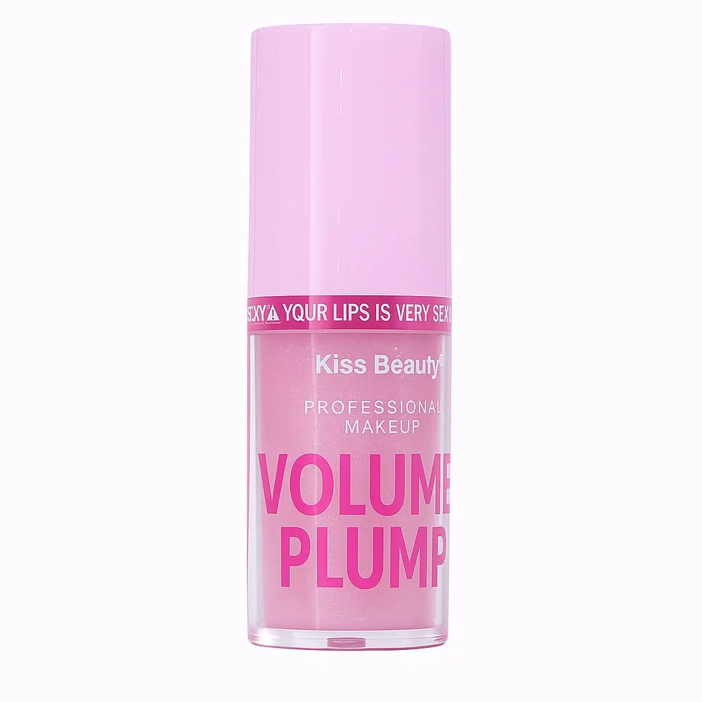 Voluminizador de labios Kiss Beauty rosa, con tapa rosa, texto "Kiss Beauty" y "Volume Plump".