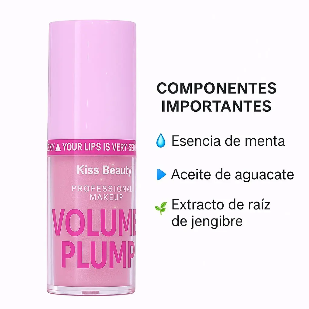 Voluminizador Kiss Beauty rosa con texto "Volume Plump" y lista de componentes importantes como menta y aguacate.