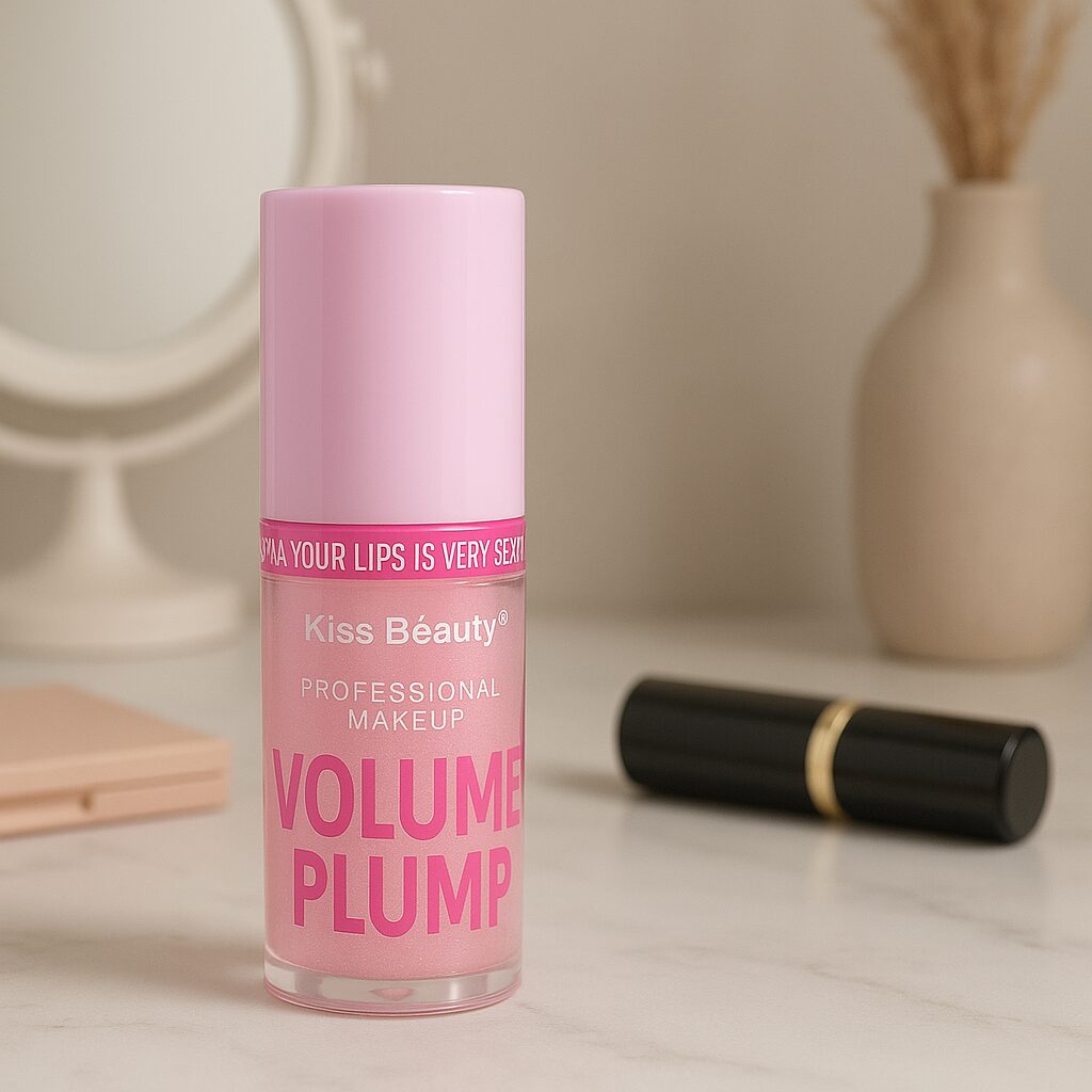 Voluminizador de labios Kiss Beauty rosa, con tapa fucsia, sobre fondo claro con labial negro al fondo.