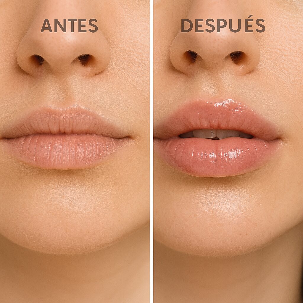 Voluminizador Kiss Beauty: labios antes y después, muestra el efecto de volumen e hidratación instantáneo.
