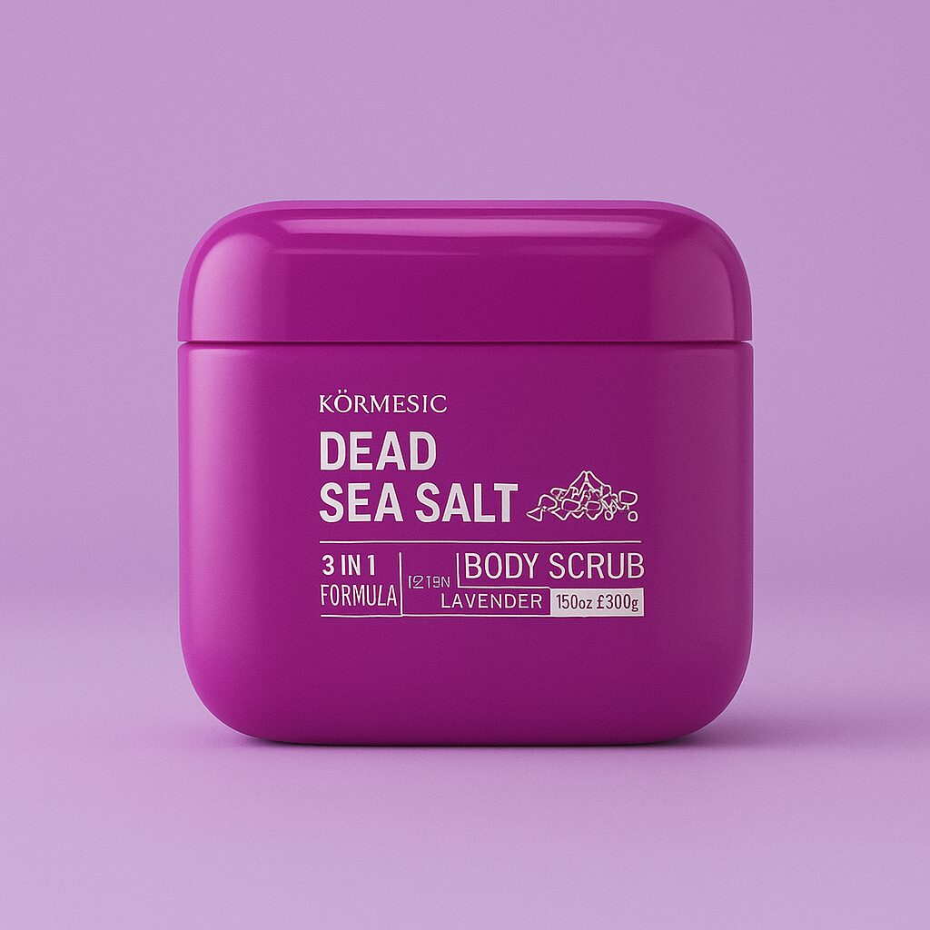 Exfoliante corporal Kormesic Sal de Mar Muerto, 3 en 1, aroma lavanda, en envase morado.