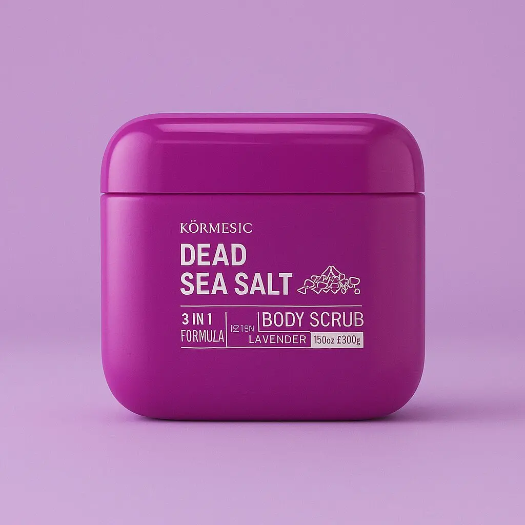 Exfoliante corporal Kormesic Sal de Mar Muerto, 3 en 1, aroma lavanda, en envase morado.