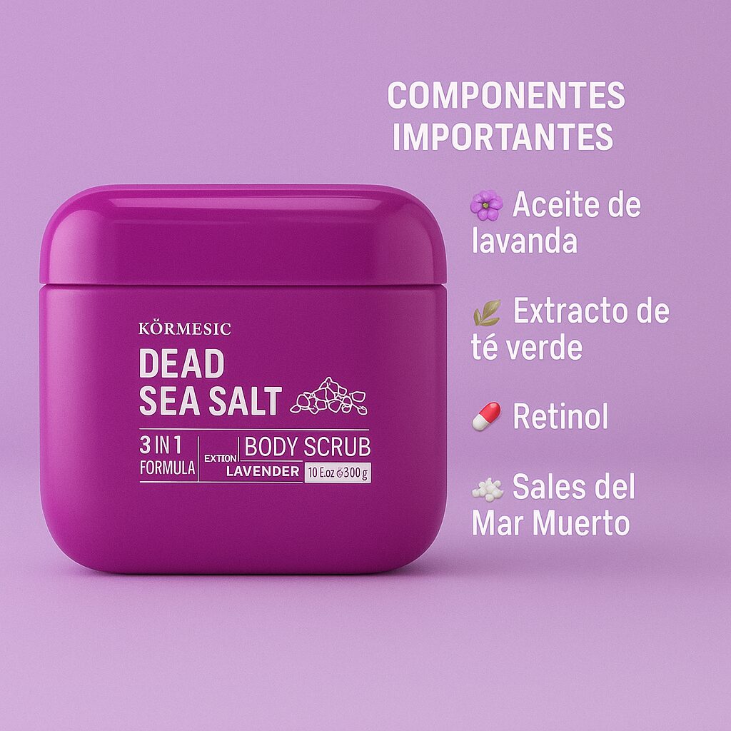 Exfoliante corporal Kormesic Sal de Mar Muerto, 3 en 1, lavanda, con retinol.