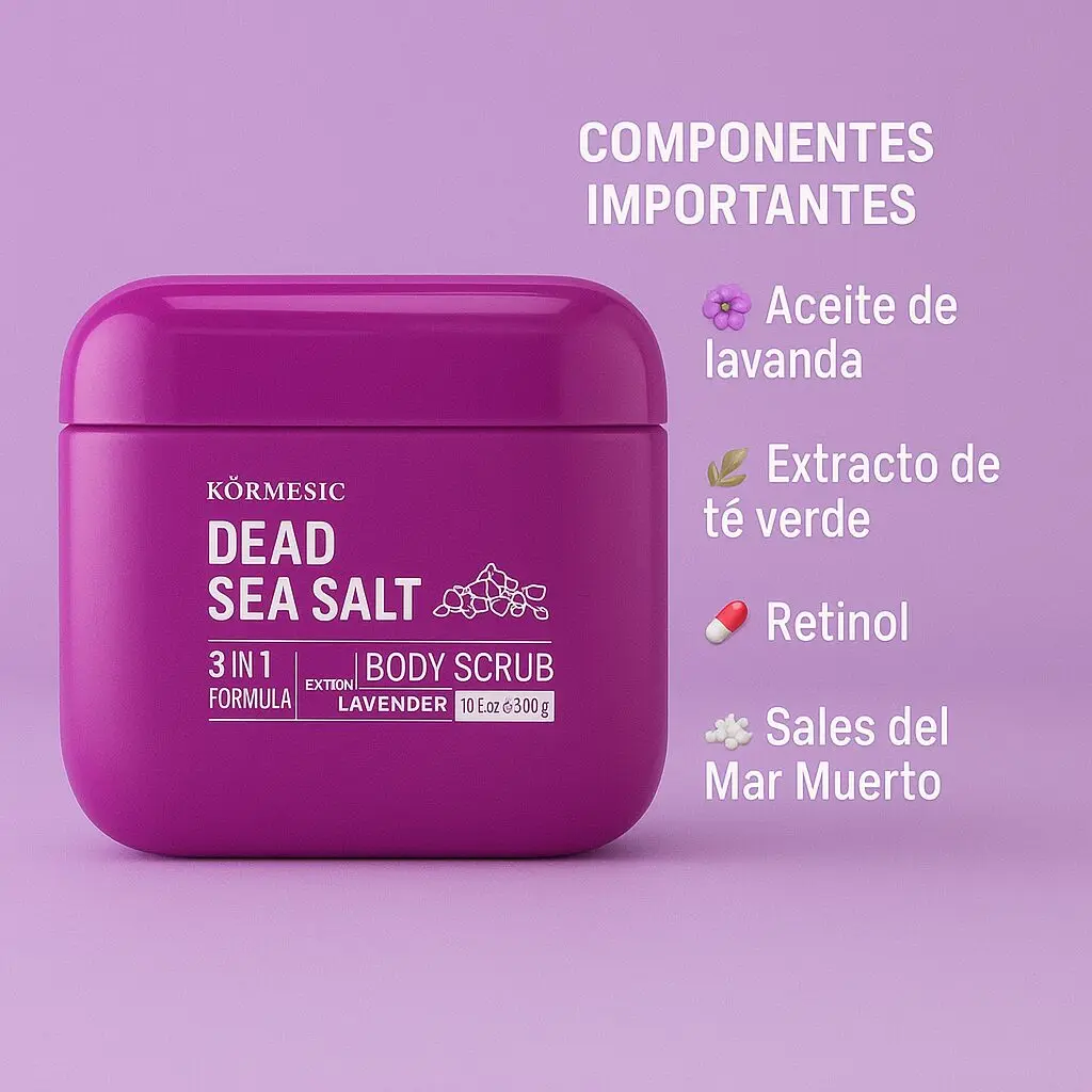 Exfoliante corporal Kormesic Sal de Mar Muerto, 3 en 1, lavanda, con retinol.