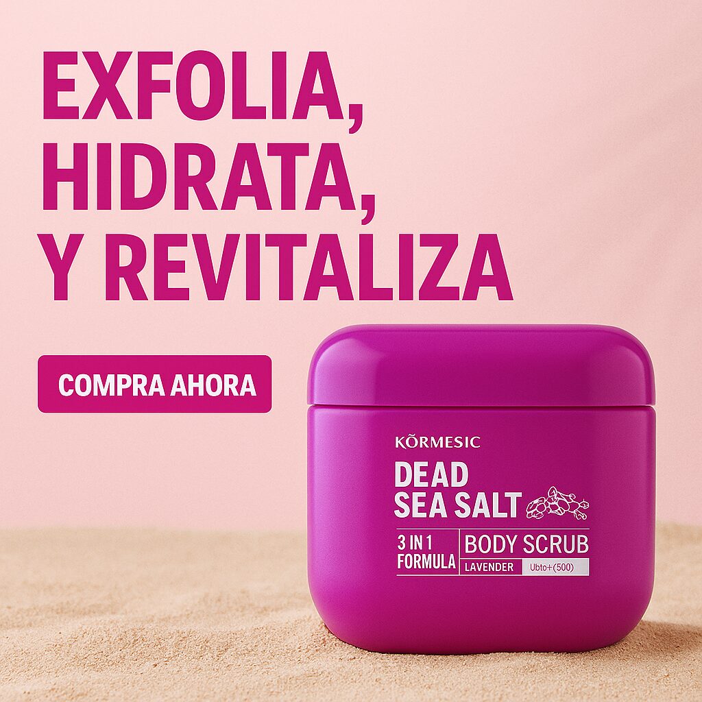 Exfoliante corporal Kormesic Sal de Mar Muerto Lavanda, tarro morado sobre arena, "Exfolia, hidrata, revitaliza".