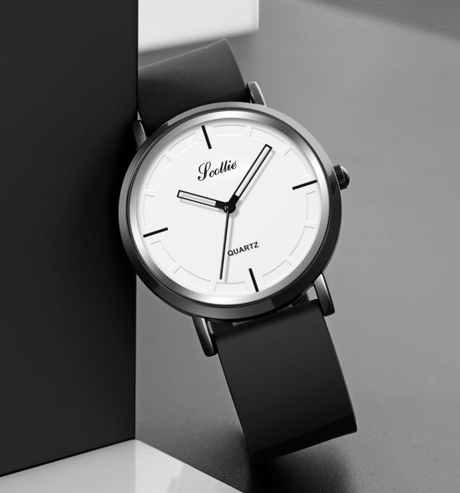 Reloj Scottie 2050 con correa de silicona negra y esfera blanca.