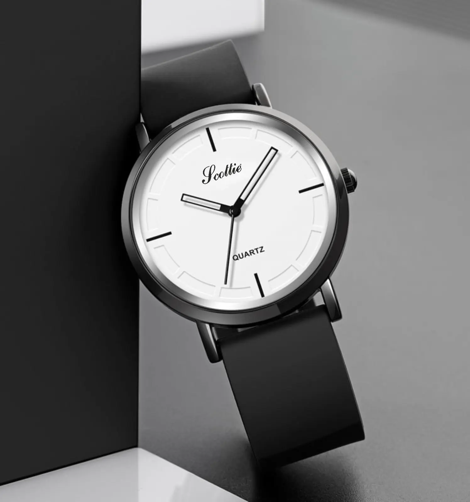 Reloj Scottie 2050 con correa de silicona negra y esfera blanca.