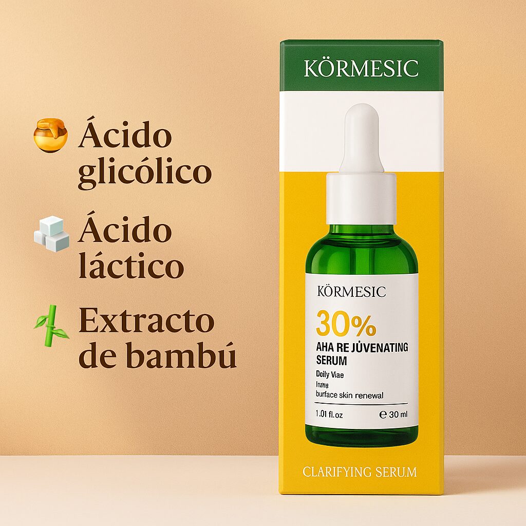 Sérum facial Kormesic 30% AHA en frasco verde con gotero, renueva la piel. Incluye ácido glicólico, láctico y extracto de bambú.