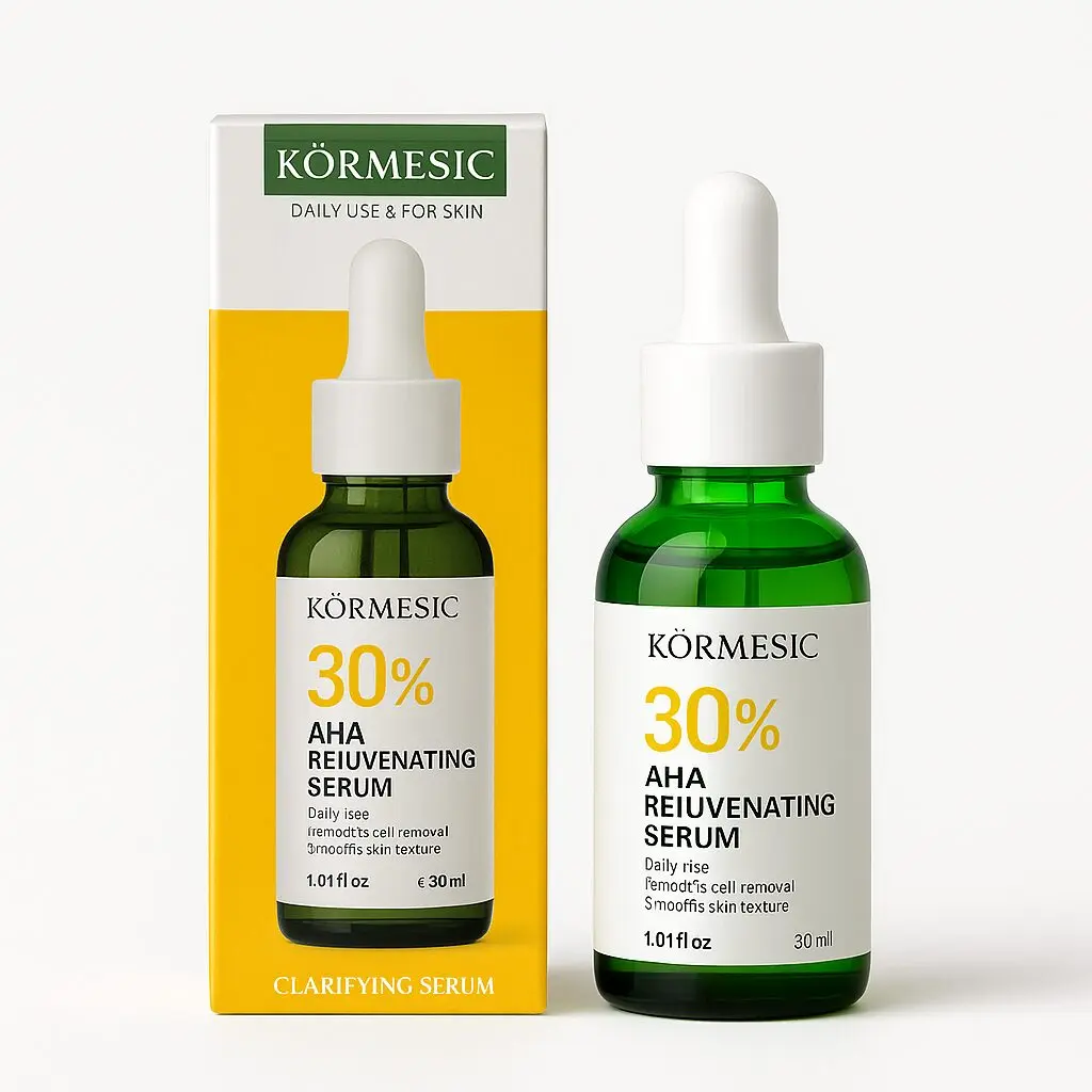 Sérum Kormesic 30% AHA frasco verde con gotero, ideal para renovar y dar luminosidad a la piel, 30 ml.
