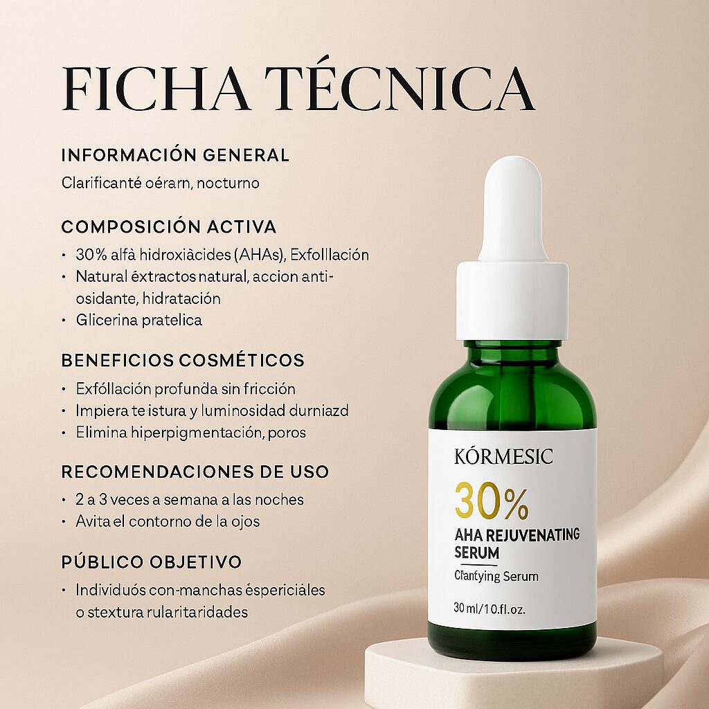 Sérum Kormesic 30% AHA Rejuvenating Serum en frasco verde con gotero, 30 ml. Beneficios de renovación y luminosidad.