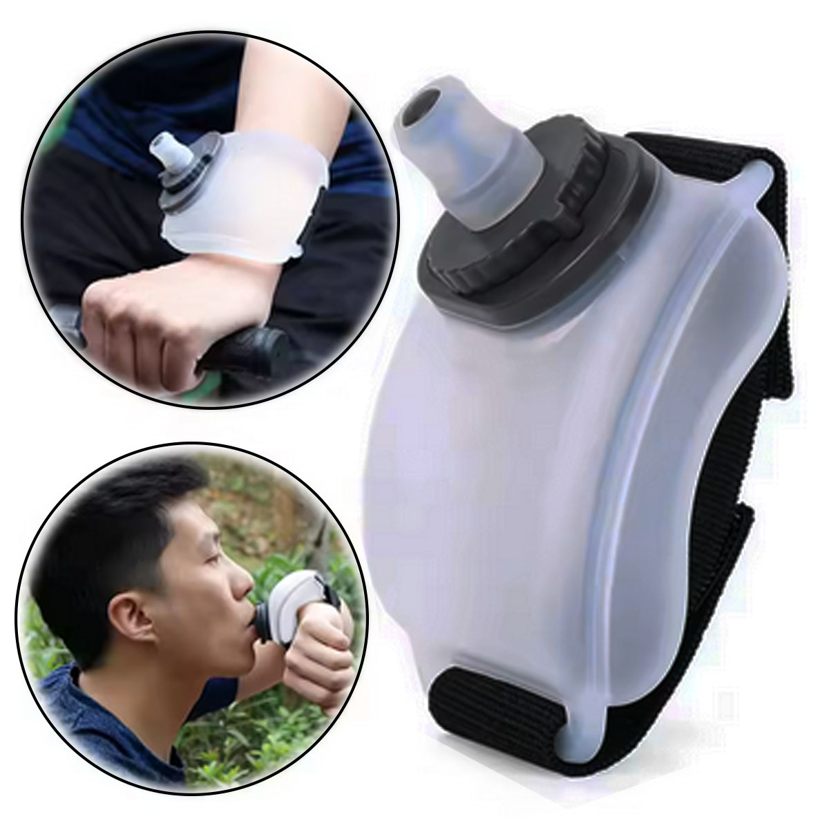 Termo deportivo de agua para muñeca, flexible, blanco translúcido, con boquilla y banda ajustable. Ideal para ciclismo y running.
