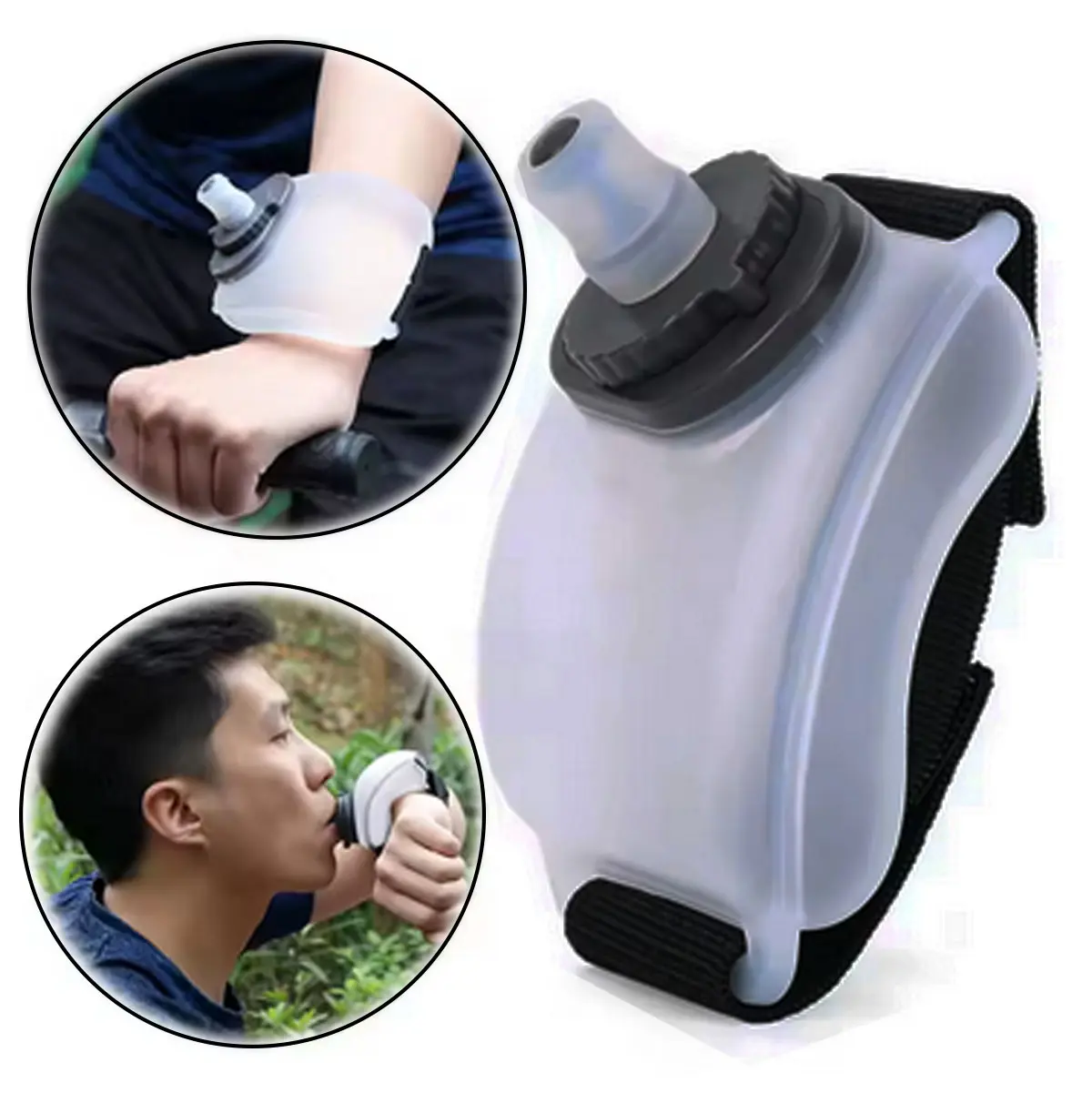 Termo deportivo de agua para muñeca, flexible, blanco translúcido, con boquilla y banda ajustable. Ideal para ciclismo y running.