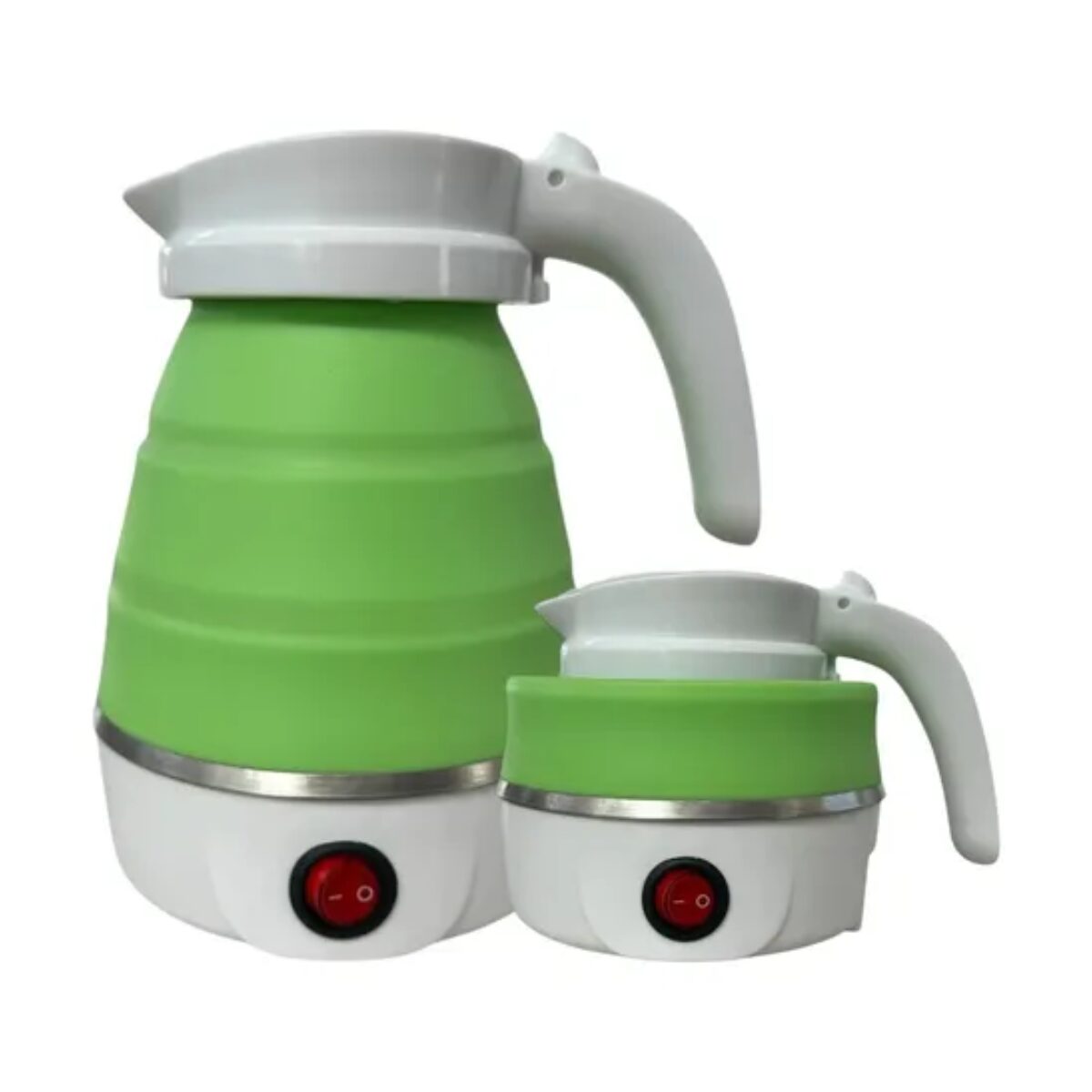 Hervidor de agua plegable verde y blanco, uno extendido y otro colapsado, con interruptor rojo.