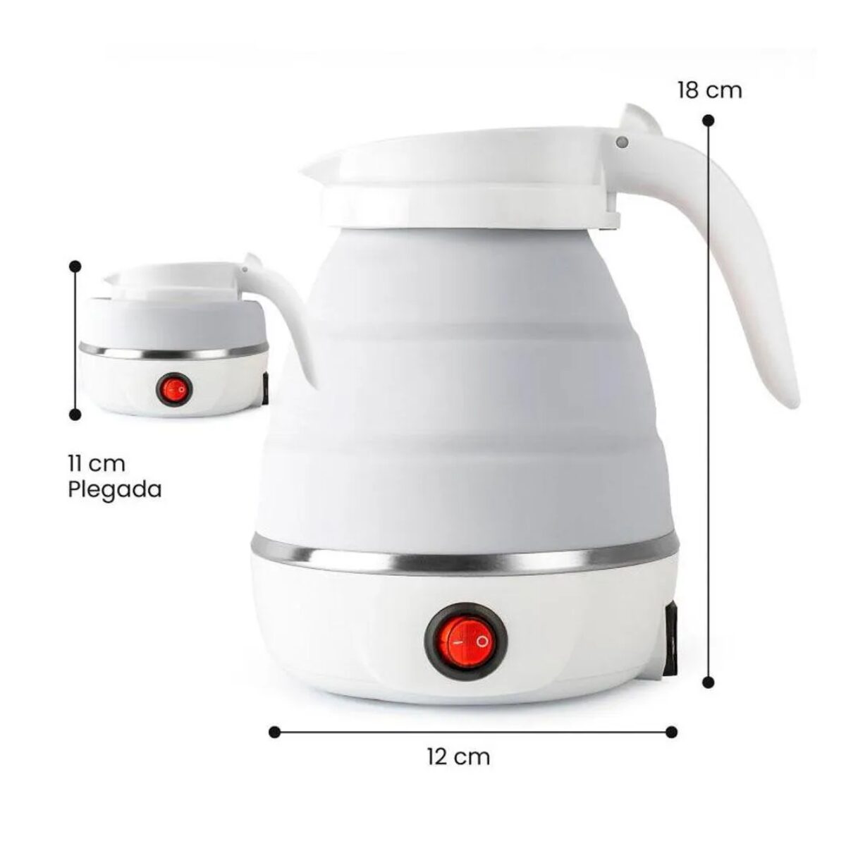 Hervidor de agua eléctrico plegable blanco de silicona, 18 cm de alto, 12 cm de ancho.