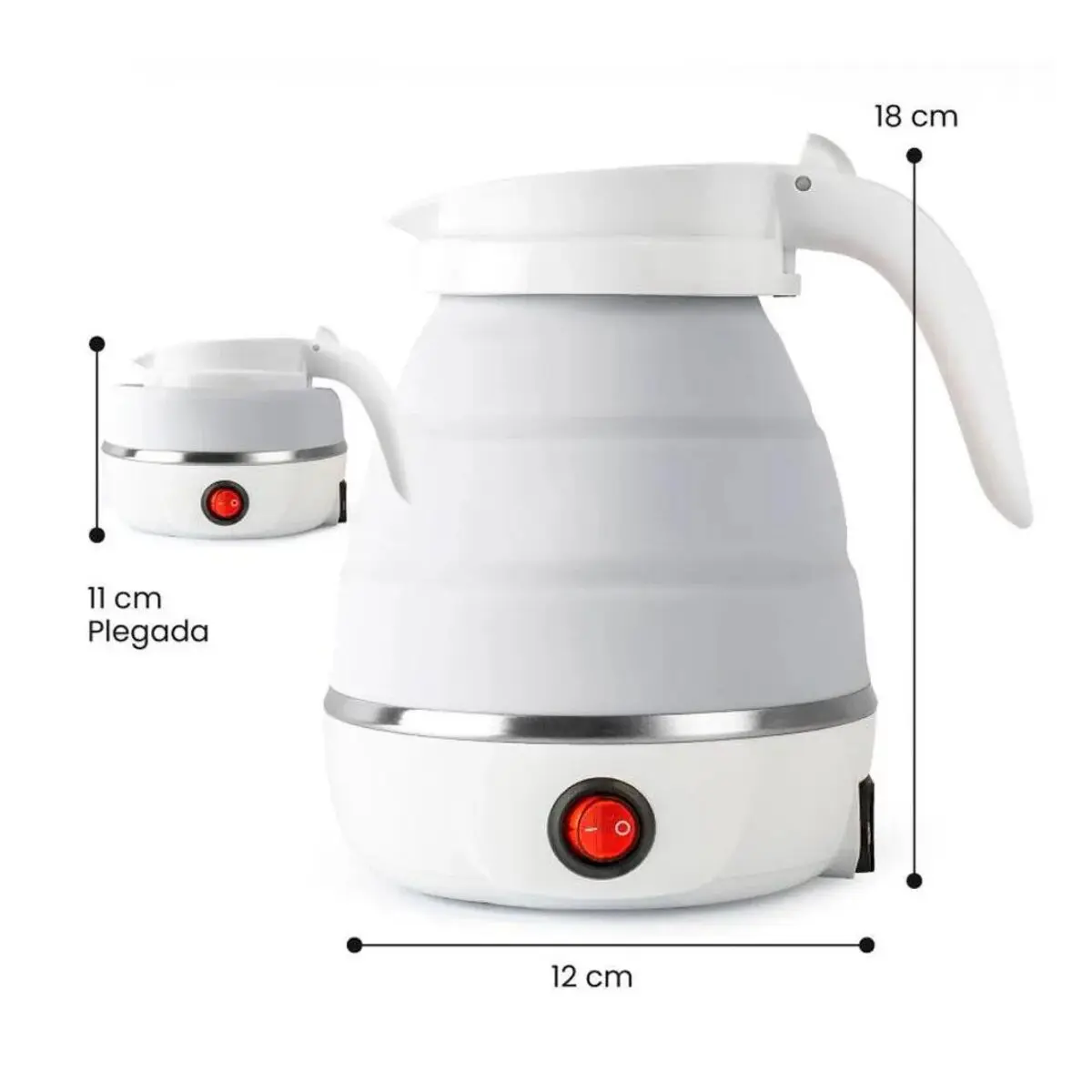 Hervidor de agua eléctrico plegable blanco de silicona, 18 cm de alto, 12 cm de ancho.