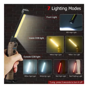 Linterna recargable LED magnética con 7 modos de luz: frontal, COB interna y externa en blanco, amarillo y rojo.