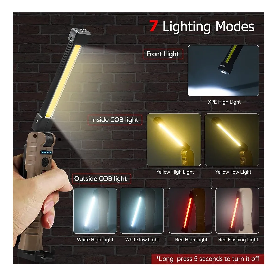 Linterna recargable LED magnética con 7 modos de luz: frontal, COB interna y externa en blanco, amarillo y rojo.