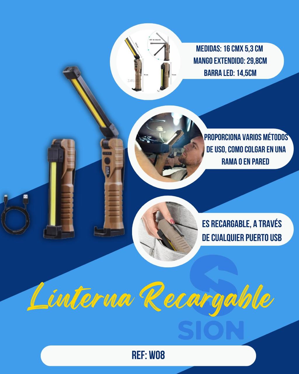 Linterna LED recargable de 16 cm, mango extendido 29,8 cm, barra LED 14,5 cm, color café, ideal para colgar.