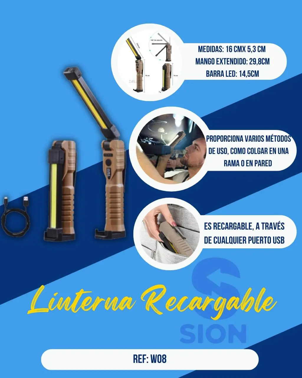 Linterna LED recargable de 16 cm, mango extendido 29,8 cm, barra LED 14,5 cm, color café, ideal para colgar.