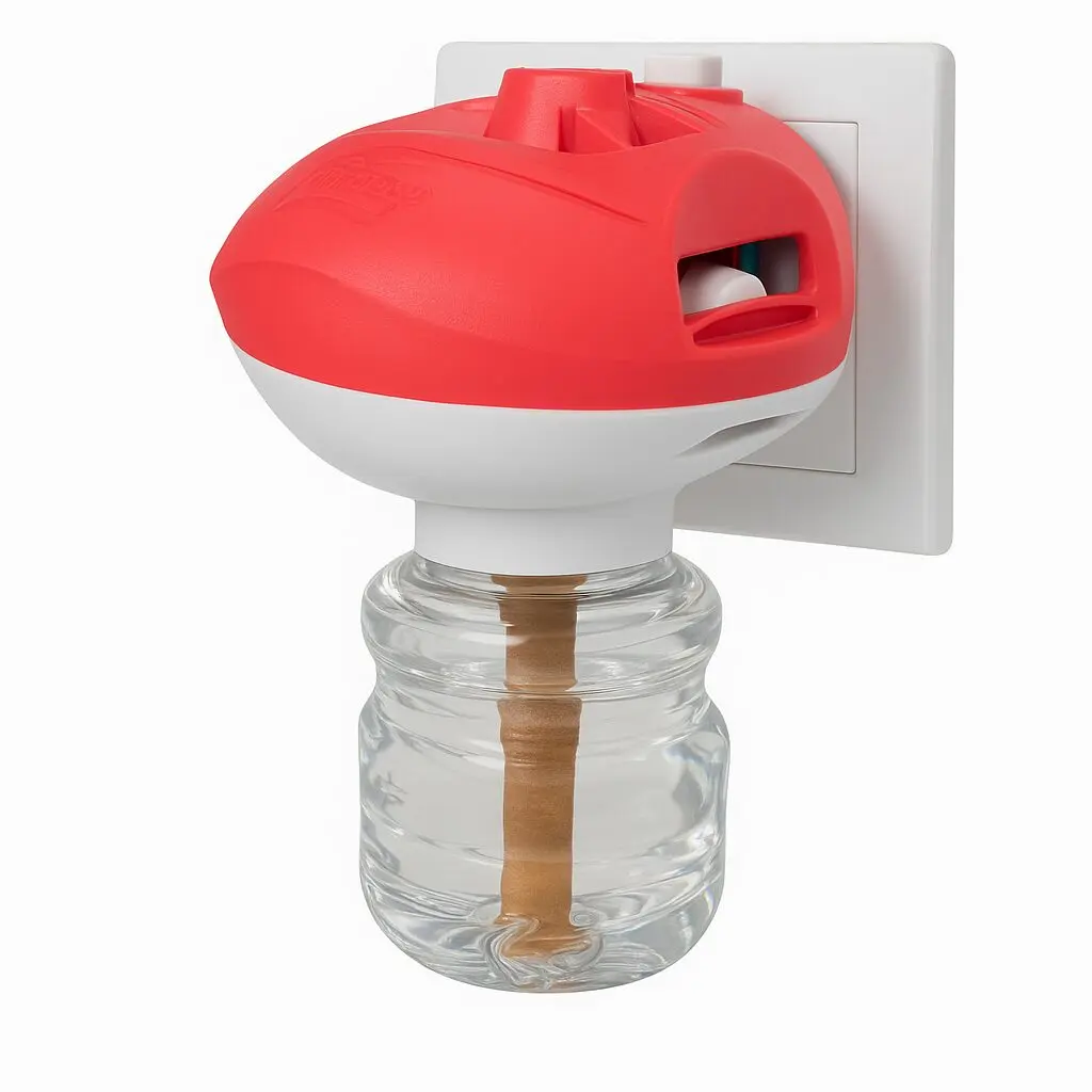 Aparato eléctrico mata zancudos rojo y blanco, con botella de líquido transparente, enchufado a la pared.
