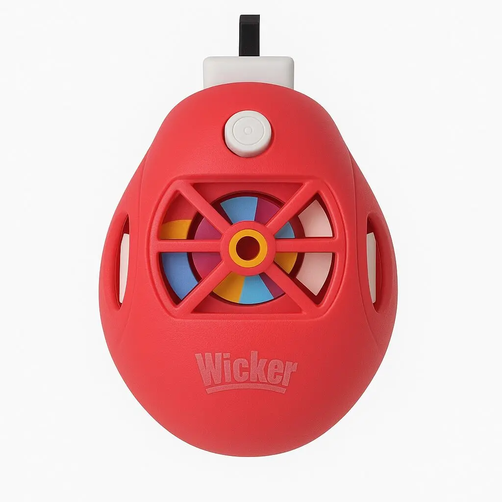 Aparato eléctrico mata zancudos rojo en forma de huevo con ventilador interior multicolor y botón blanco.