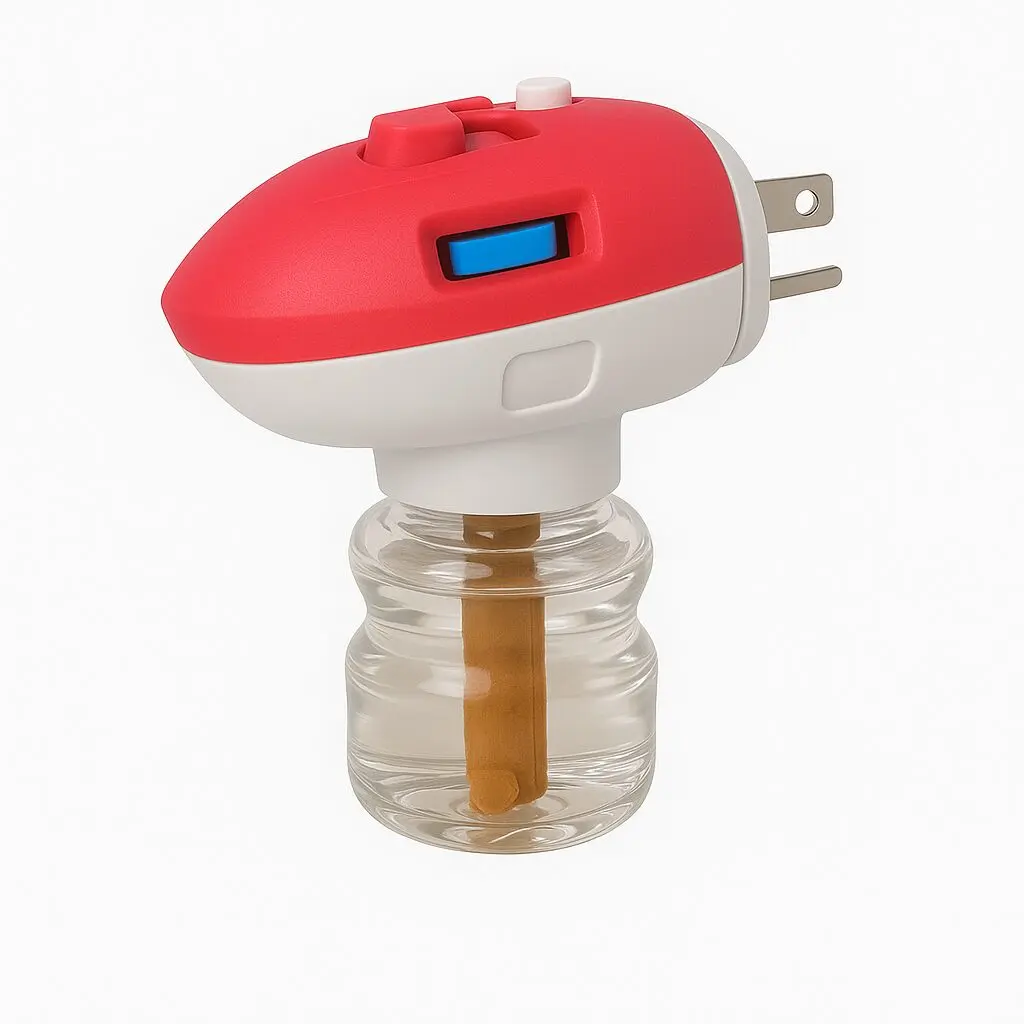 Aparato eléctrico mata zancudos rojo y blanco con líquido, enchufe y botón azul.