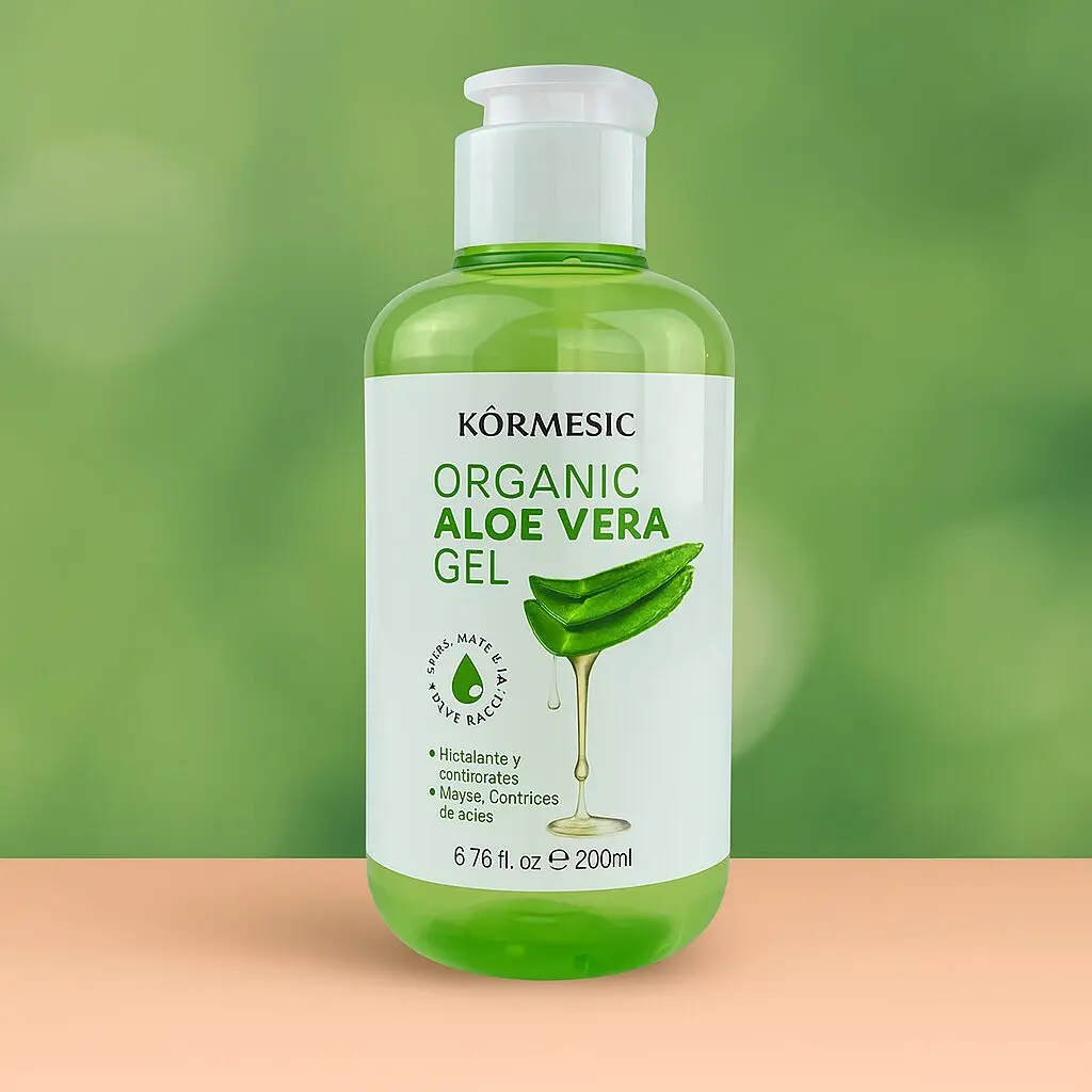 Botella dispensadora de gel de aloe vera orgánico Kormesic 200ml, con extracto de aloe en la etiqueta.