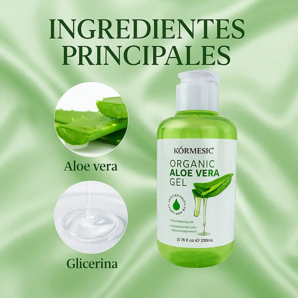 Gel Kormesic de Aloe Vera orgánico 200ml, con extractos de aloe vera y glicerina para hidratación.