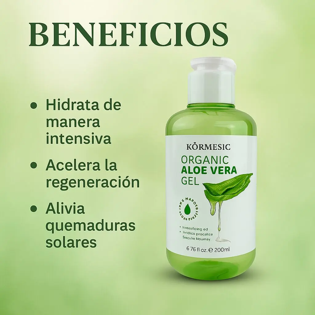 Gel Kórmesic de aloe vera orgánico 200ml, ideal para hidratar y regenerar.