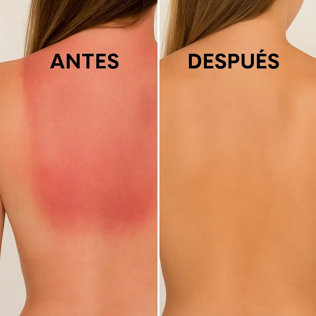 Espalda con quemadura solar roja comparada con piel bronceada, antes y después, gel aloe vera.