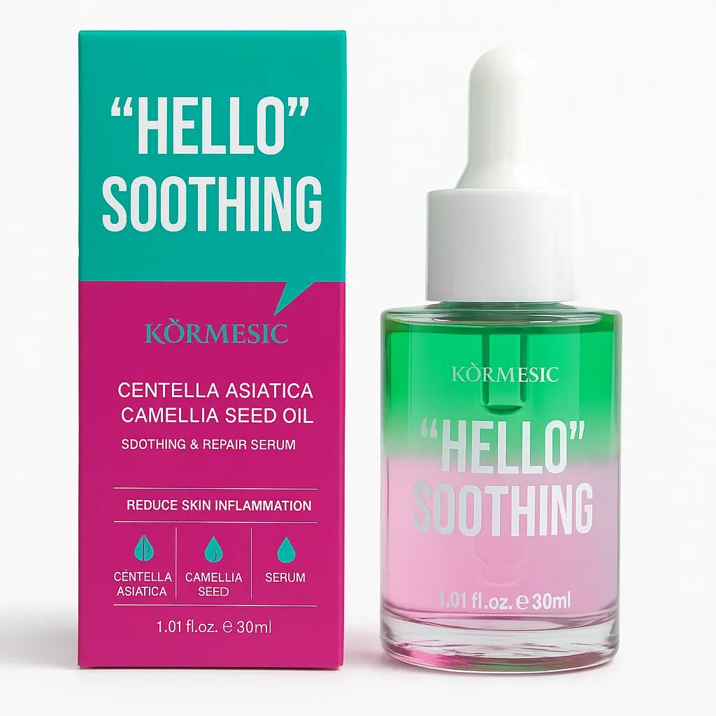 Caja y frasco con gotero de serum "Hello" Soothing Kormesic, 30ml, verde y rosa, para inflamación de piel sensible.