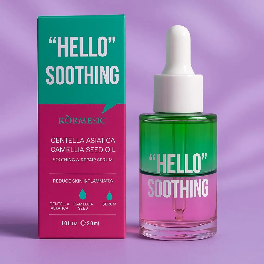 Serum reparador "Hello" Soothing de Kormesic en frasco con pipeta, verde y rosa, 2.0ml, al lado de su caja.