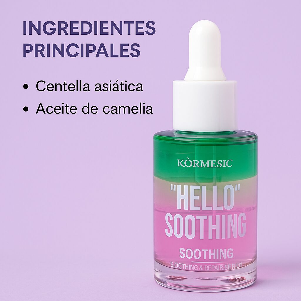 Sérum Kormesic "Hello" Soothing verde y rosa con gota, ingredientes Centella Asiática y Aceite de Camelia.