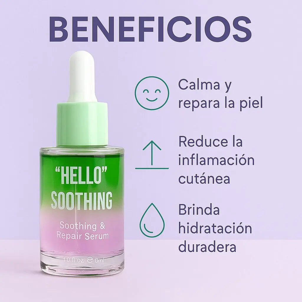 Serum facial "Hello Soothing" verde y rosa, 30ml. Beneficios: calma, repara, reduce inflamación e hidrata.