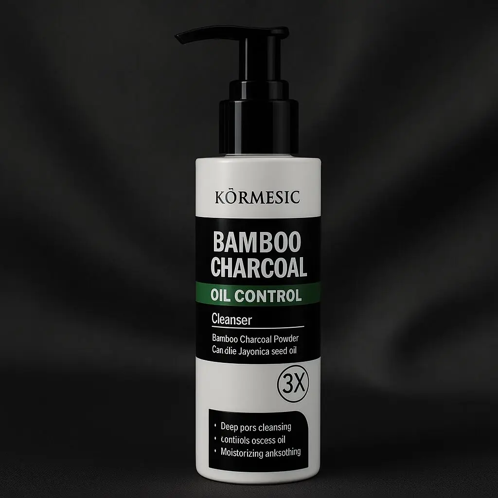 Limpiador facial Kormesic Oil Control con carbón de bambú, envase blanco y negro con dispensador, fórmula 3X.