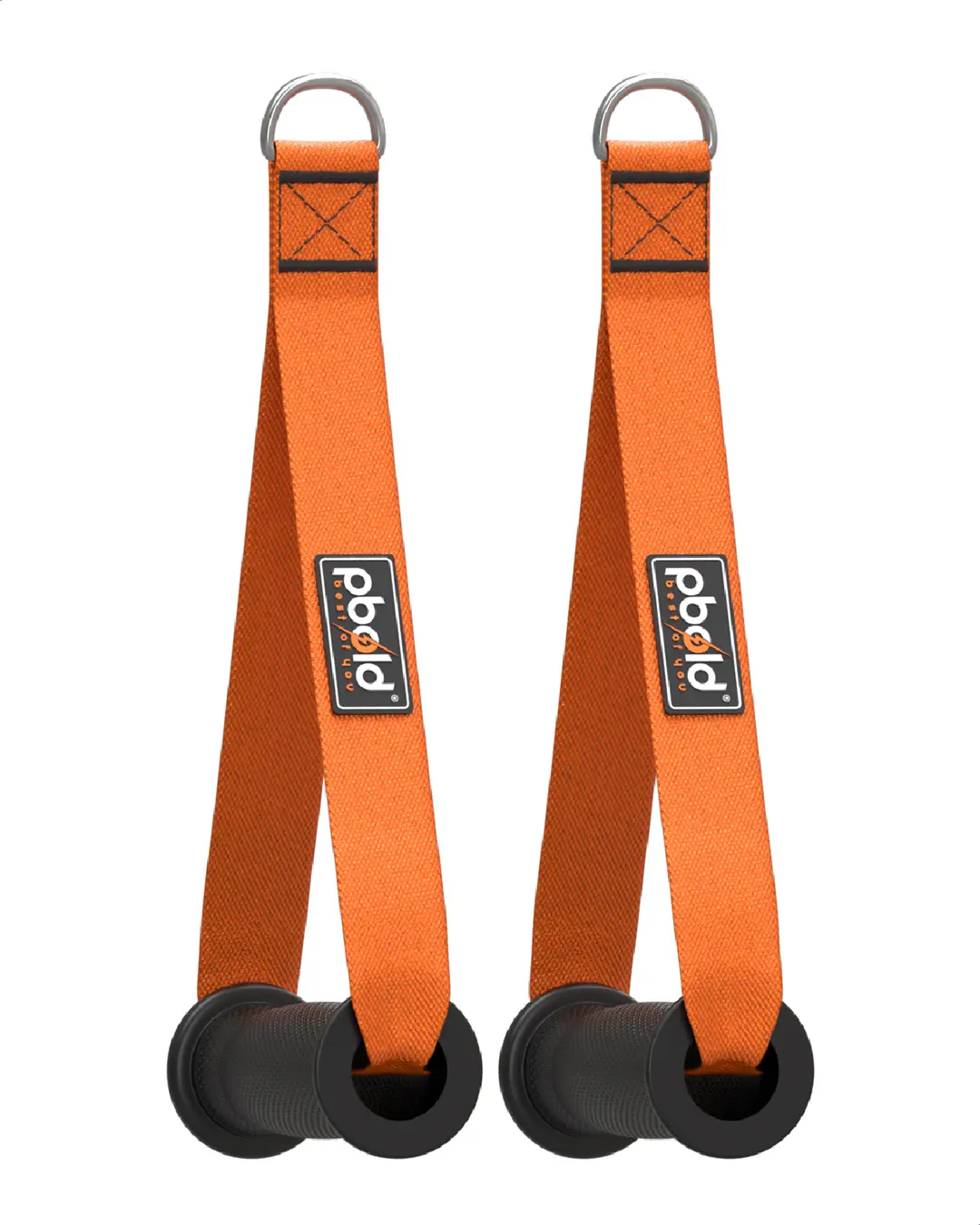 Agarres de polea Pbold naranja para entrenamiento de fuerza con asas negras texturizadas y argollas metálicas.